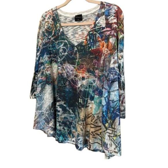Inoah Knit V Neck Top Womens XL Multicolor Abstract Print 3/4 Sleeve Boho Artsy - Picture 2 of 6